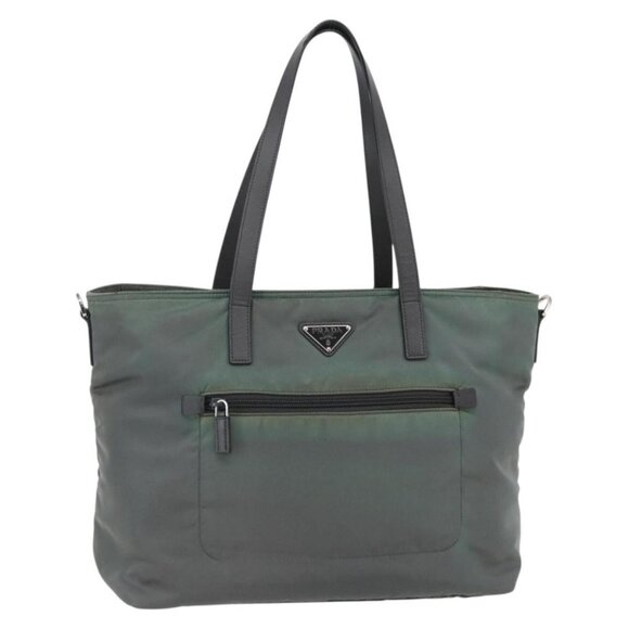 PRADA Tote Bag Nylon Khaki Silver Auth 146817 - Picture 1 of 16